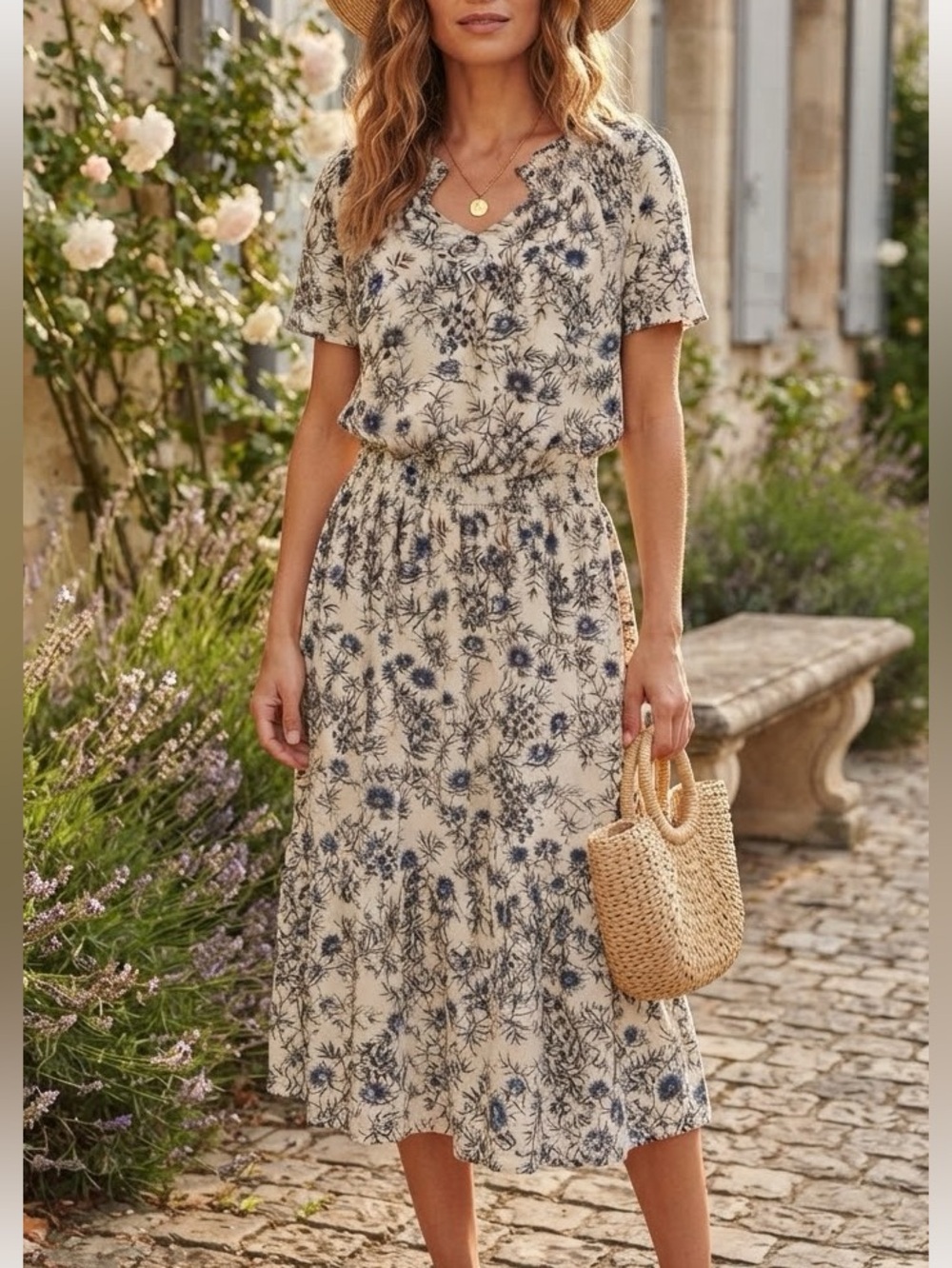 Talbots Cream Midi Dress with Navy Floral Print